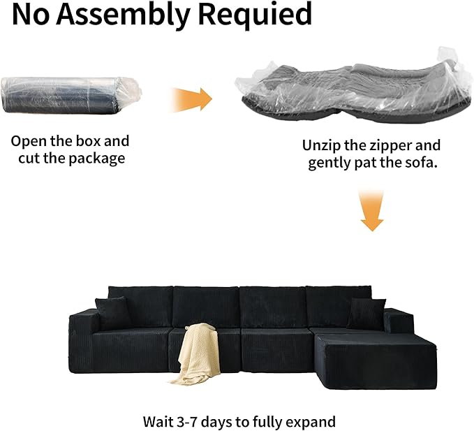 140 L Shaped Modular sectional couches SofaCorduroy Boneless Couches with Deep Seat and Movable OttomanComfy Cloud Sofa for Living Room BedroomNo Assembly (5 Seater Left Black)