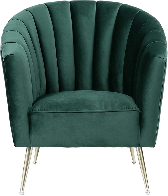 Manhattan Comfort Rosemont Velvet Accent Armchair Scalloped Chair with Mid-Century Modern Shell-Style with Wraparound Back Vertical Channeling Ideal for Living Room Use Set of 1 Green