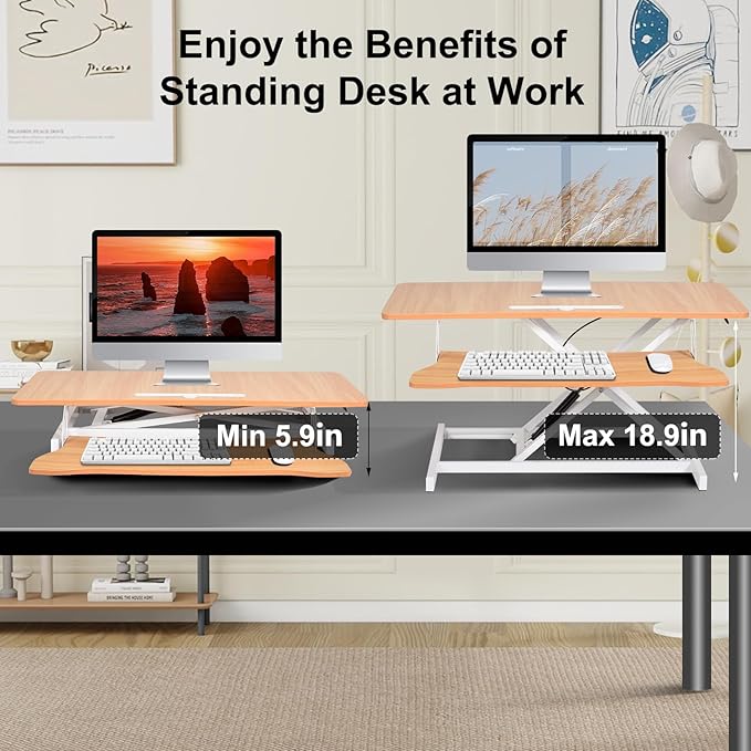 38-Inch Height Adjustable Standing Desk Converter Duals Monitor &amp Laptop Riser with Wide Keyboard Tray Sit to Stand Ergonomic Workstation for Home Office School Business Log Color