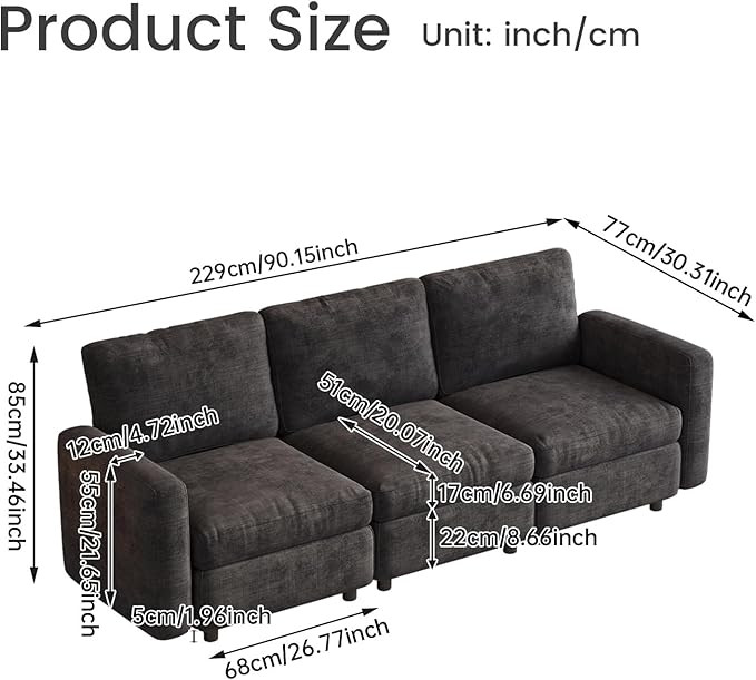 3 Seaters Modular Sectional Sofa 3 Seat Sofa Modern Sectional Couches with Deep Seats for Living Room Upholstered Couch with Soft Backrest 90.15 L Dark Grey (No Ottoman)