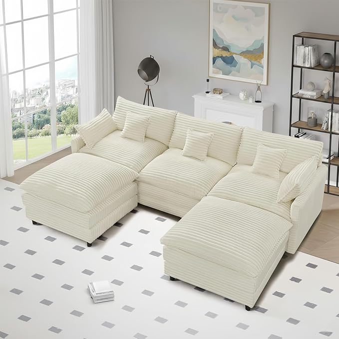 108'' Modular Sectional Sofa U-Shaped Sectional Couch with Deep SeatComfy Fluffy Soft Corduroy 5-Seat Couches Modern Convertible Cloud Sofa with Ottoman for Living Room Apartments(Beige)