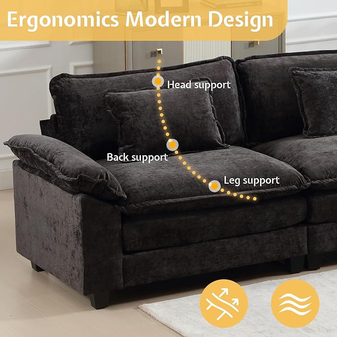 Modular Sectional Sofa Cloud Couch with Ottoman Deep Seat L Shaped Chenille Sofa Couches for Living Room Apartment (Black U-Shaped &amp 2 Ottoman)