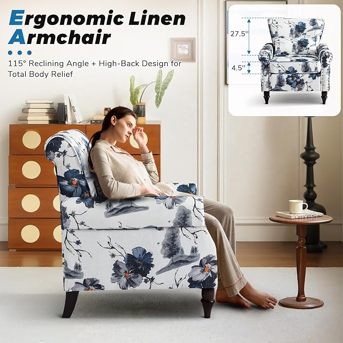 Floral Accent Chair with Lumbar Pillow Retro Wingback Armchair with Nailhead Trim &amp Rolled Arms Modern Linen Fabric Upholstered Recliner for Living Room Bedroom Reading Chair Easy Assembly