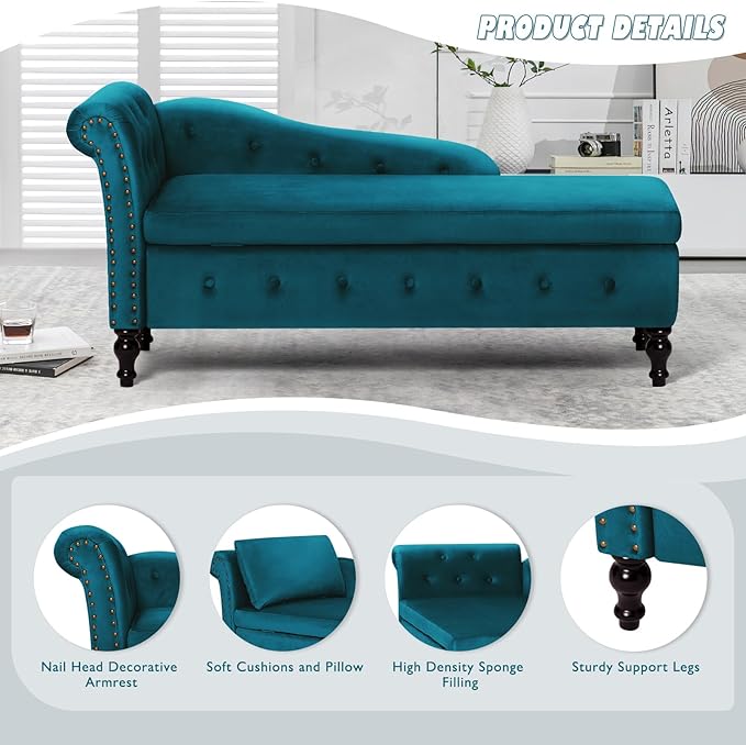 Upholstered Chaise Lounge with Left Armrest &amp Lumbar PillowButton Tufted Lounge Sofa with StorageLounge Chair IndoorModern Velvet Lounge Chair for Bedroom Living Room and OfficeTeal