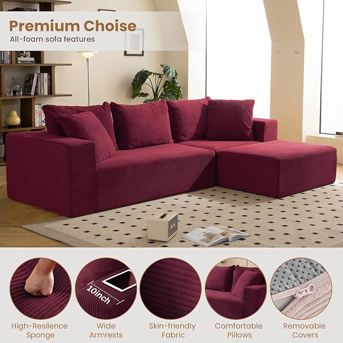 108 L-Shaped Boneless Couch Modular Sectional Sofa with Moveable Ottoman Corduroy Cloud Couches for Living Room No Assembly Ship in a Box Red