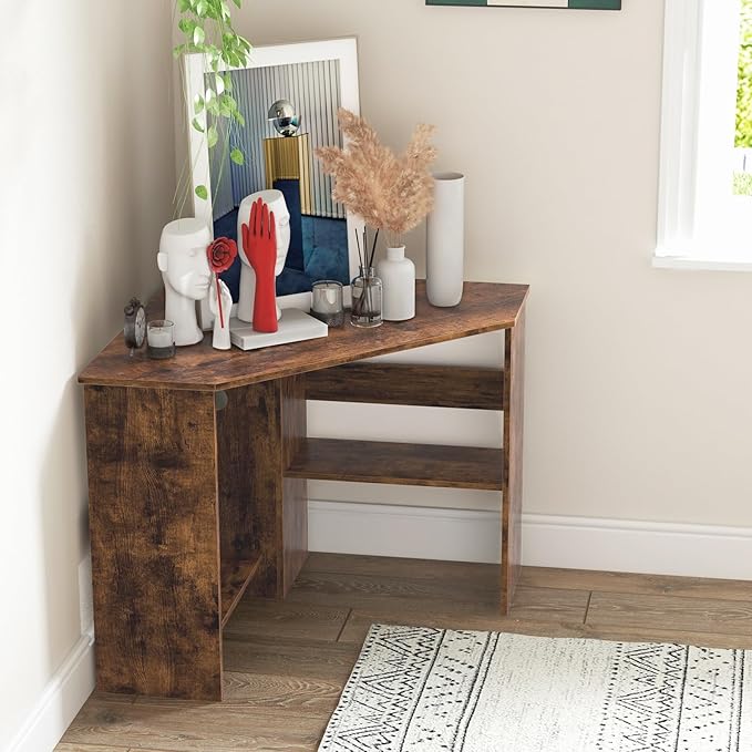 HOMGX Corner Computer Desk Triangle Desk with Storage Shelves Small Corner Desk for Small Spaces Corner Vanity Desk for Home Bedroom Living Room Office (Coffee)