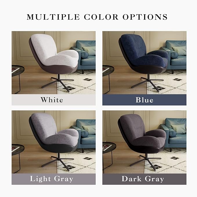 Merax 360° Swivel Accent Chair Modern Chenille Lounge Lazy Sofa with Faux Leather and Metal Base Comfortable Reading Seating for Small Spaces Living Room Bedroom Office White