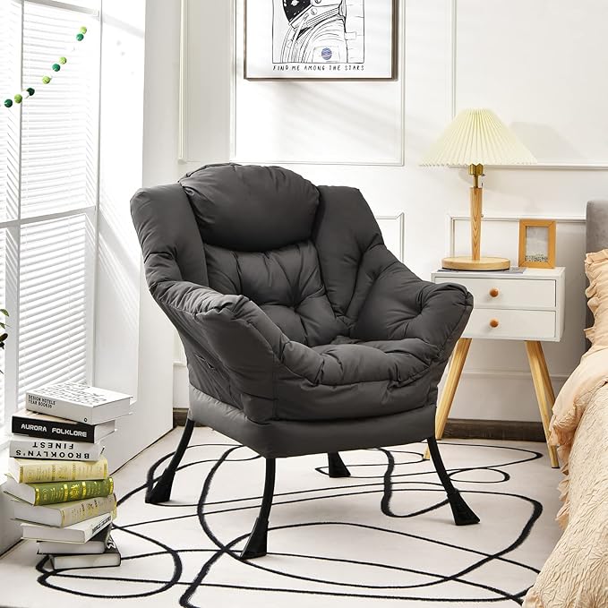 DORTALA Modern Lazy Chair Single Sofa Chair w/Side Pocket and Armrests Soft Upholstered Modern Leisure Chairs Suitable for Living Room Bedroom Grey