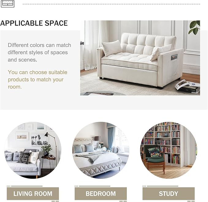 Futon Sofa Bed 3 in 1 Sleeper Sofa Couch Bed with Armrests Storage Pockets and 2 Pillows Adjustable Backrest Sofa Bed Couch for Living Room Bedroom OfficeReading Room(Beige)