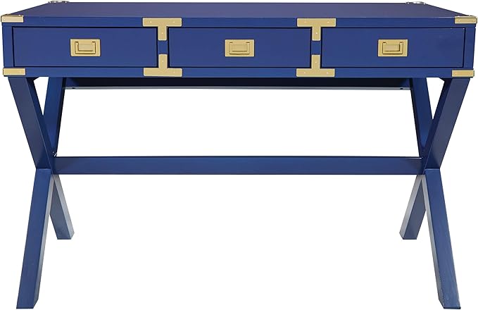 OSP Home Furnishings Wellington 46-Inch Writing Desk with Power Hub and 3 Storage Drawers Lapis Blue