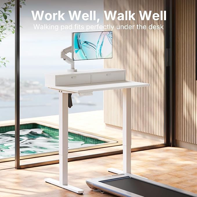HUANUO 32 x 21 inch Small Electric Standing Desk with 2 Drawers C-Clamp Mount Compatible Height Adjustable Sit Stand Desk Home Office Stand Up Desk with 4 Memory Height Settings White