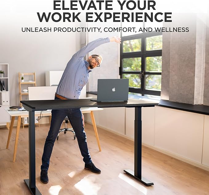 RISE UP dual motor electric standing desk 60x30 black bamboo desktop premium ergonomic adjustable height sit stand up home office computer desk table motorized powered modern furniture small standup