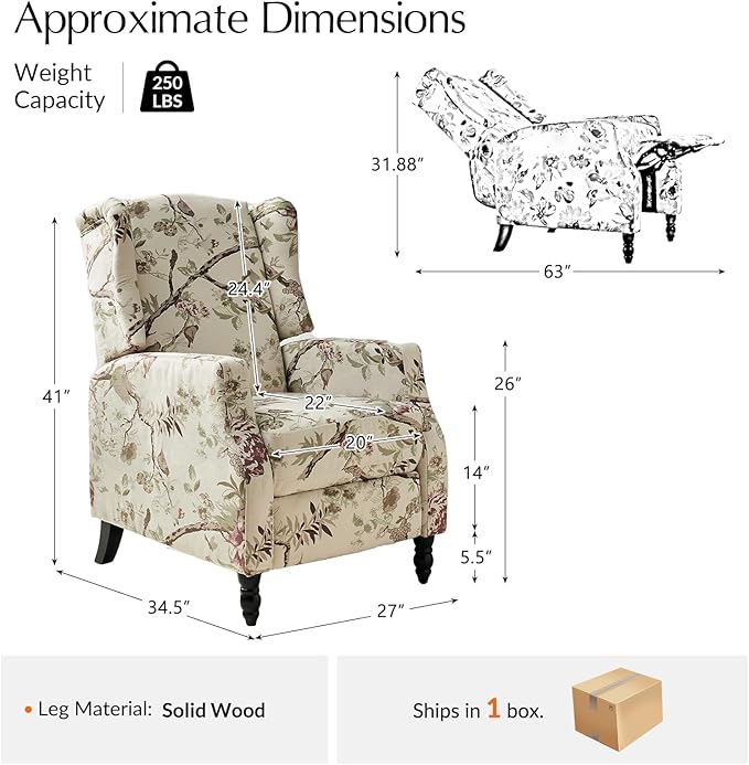 Mid Century Modern Wingback Recliner Chair Upholstered Push Back Recliner Sofa Lounge Armchair for Living Room Home Theater Accent Chairs Recliners Couches