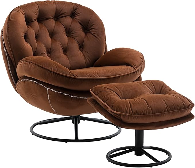 Velvet Accent Chair with Ottoman Comfy Armchair with Footrest Modern TV Chair Living Room Chair for Living Room Bedroom Home Office Metal Base Frame (360 Degree Swiveling Brown)