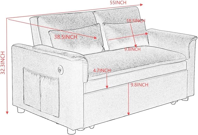 55 Convertible Futon Sofa Bed Velvet 3 in 1 Sleeper Sofa Pull Out Couch with USB Ports &amp 2 Waist Pillows Adjustable Backrest Loveseat Sofa Couches for Living Room Apartment Bedroom Black