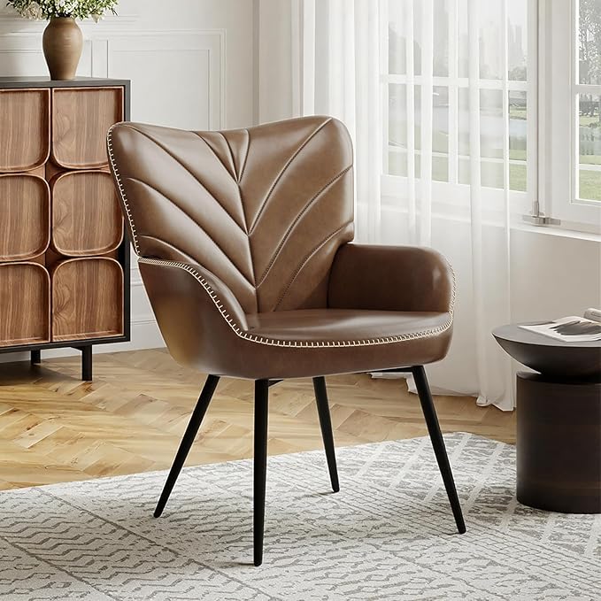 Mid-Century Modern Faux Leather Accent Chair for Living Room Upholstered Armchair with Curved Ergonomic Back High-Density Cushion &amp Metal Legs Lounge Chair for Bedroom/Reading Corner