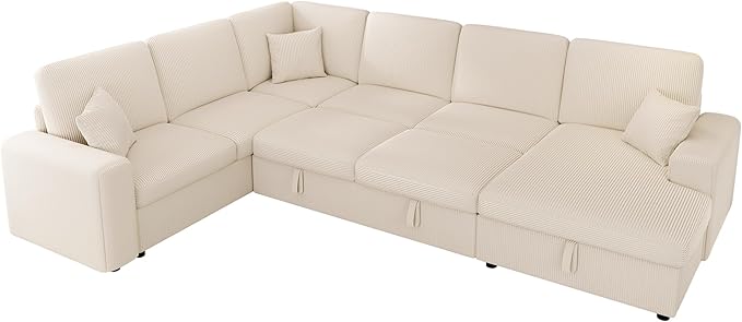 VanAcc 130 Sofa Bed Sectional Sleeper Sofa with Pull Out Bed Sleeper Couch with Storage 6 Seater Couch for Living Room Corduroy Off-White