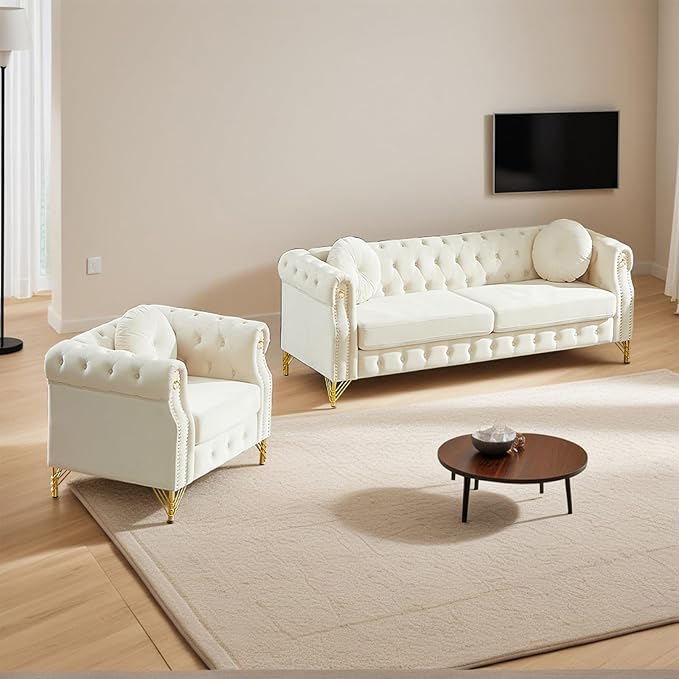 Chesterfield Velvet Button Tufted Sofa 82&amp37 Modern 4-Deep Seater Couch Retro Style Upholstered Comfy Sectional Sofa for Living Room Bedroom Apartment Office Beige