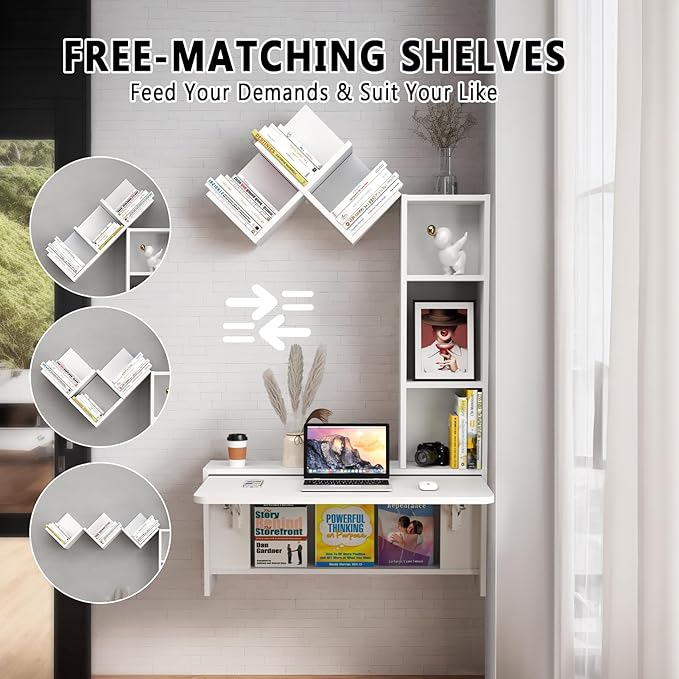 Folding Wall Mounted Drop Leaf Table Foldable Desk with Moveable Cabinets Floating Laptop with Convertible Storage Shelves Multifunctional Computer Workstation in Home for Space Saving