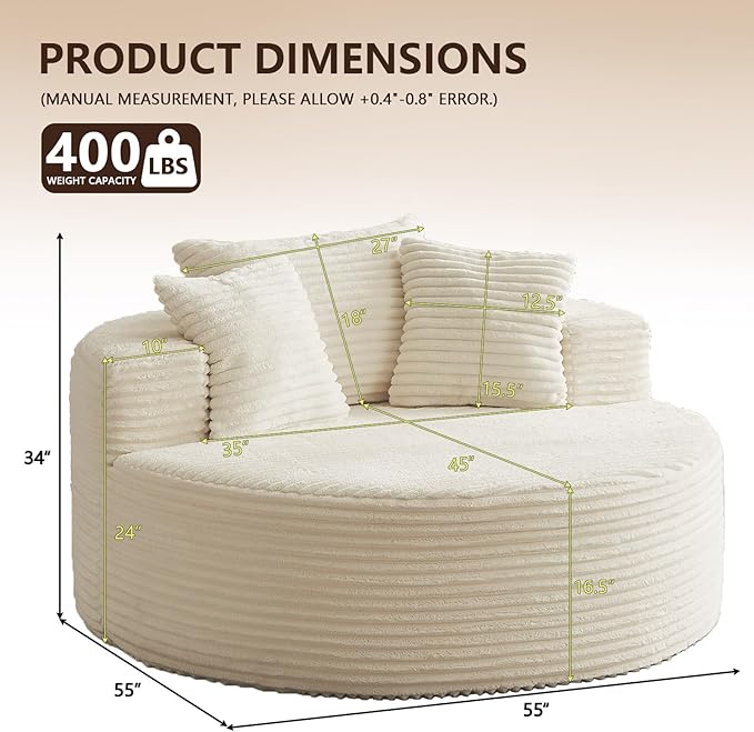 55''Oversized Round Chair Lounge Chaise IndoorCloud Boneless Large Circle Chair with Plush CorduroyNo Assembly RequiredFluffy Modern Sleeper Sofa Bed for ReadingLiving Room(BeigeFabric Upgrade)