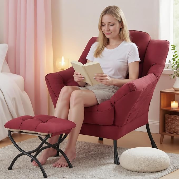 Tiita Lazy Chair with Ottoman Red Modern Large Accent Chair Comfy Leisure Sofa Armchair with Ottoman Reading Chair with Footrest for Bedroom Living Room Dorm Rooms Wine red