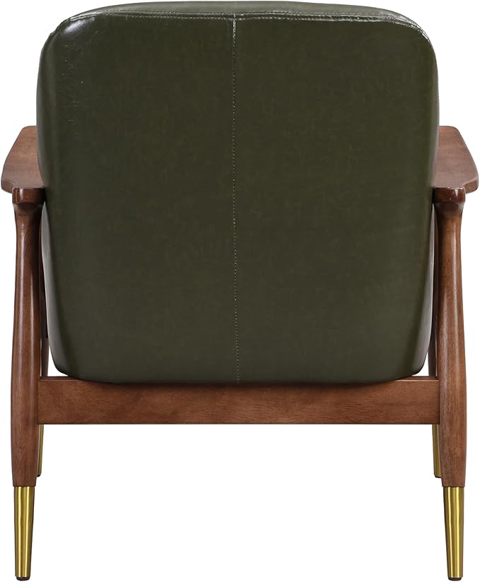 29.2 Mid-Century Modern Faux Leather Accent Chair with Padded Seat Solid Wood Frame &amp Brass Leg Caps - Perfect for Living Room Bedroom or Office Lounge (Green)