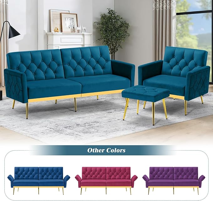 Tufted Velvet Futon Sofa Bed w/Adjustable Armrests &amp Backrests Comfortable Sleeper Couch Modern Convertible Love seat Sofa for Living Room Bedroom Apartment Teal
