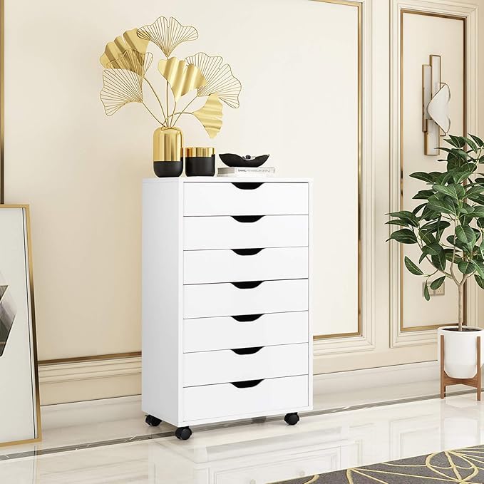 7 Drawers Filing Cabinet Vertical File Cabinet for Home Office Mobile Under Desk Office Storage Cabinets with Wheels (White 7 Drawers)