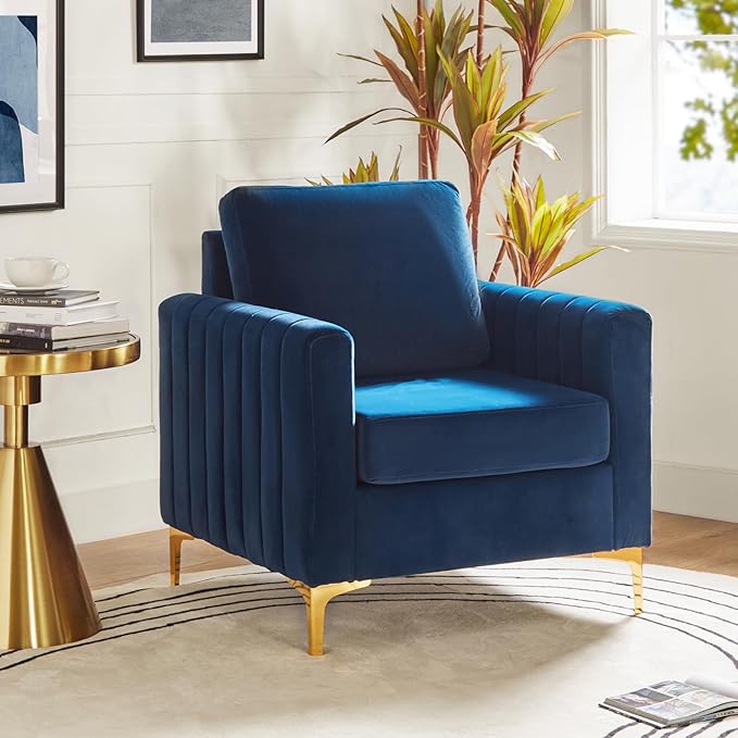 HULALA HOME Velvet Accent Club Chair Modern Velvet Armchair Upholstered Accent Club Sofa Chair with Gold Metal Legs Mid-Century Barrel Leisure Comfy Reading Armchair Navy