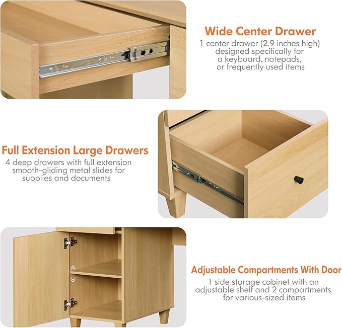 WAMPAT Wood Desk with Drawers &amp Storage Cabinet 58 Inch Modern Wooden Executive Desk with Charging Station Home Office Large Computer Desk Work &amp Study Writing Desk Oak Wood