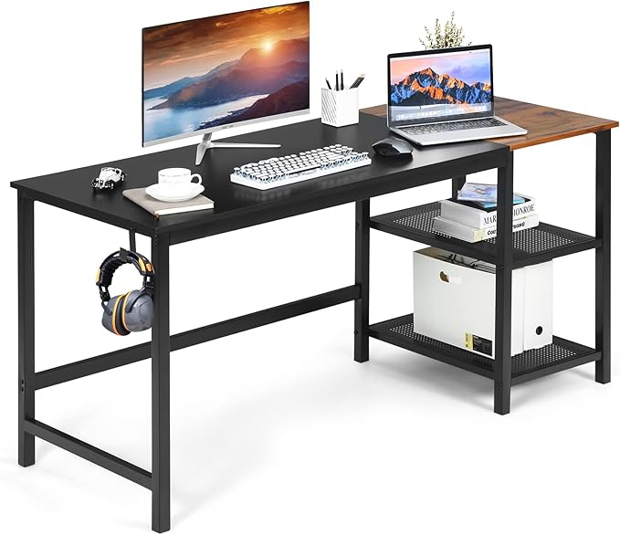 COSTWAY 59” Computer Desk with 2 Removable Storage Shelves Industrial Writing Workstation with Headphone Hook for Home Office Gaming Desk (Black)