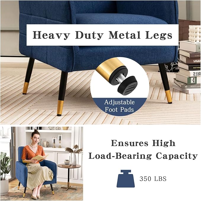 GOFLAME Modern Accent Chair Set of 2 Upholstered Leisure Armchair with Metal Legs Removable Seat Cushion Adjustable Foot Pads Linen Fabric Single Sofa Chair for Living Room Bedroom Office Blue