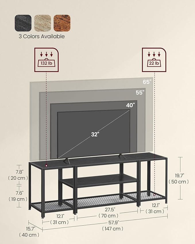 VASAGLE Modern TV Stand for TVs up to 65 Inches 3-Tier Entertainment Center Industrial TV Console Table with Open Storage Shelves for Living Room Bedroom Black with Wood Grain ULTV097B22