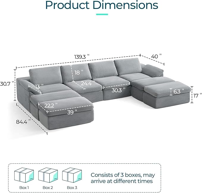 LINSY HOME 139 Modular Couch Modern Boneless Cloud Couch U Shaped Sofa with Movable Ottomans Deep Seat Corduroy Sectional Couches for Living Room Apartment No Assembly Required Grey