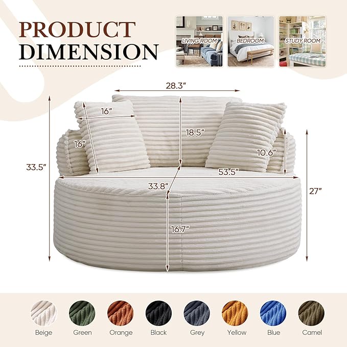 Antetek 53-inch Round Chaise Lounge Chair Indoor Modern Cloud Single Corduroy Couch with 3 Pillows Boneless Compressed Memory Foam Sofa Chair for Living Room Bedroom Apartment Beige