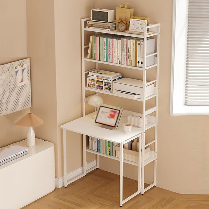 2-in-1 Bookshelf Desk Combo Folding Desk with Storage Shelf 5 Tier Bookshelf with Foldable Table White Carbon Steel Storage Rack with Wood Writing Desks for Home Office (31.5″)