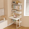 2-in-1 Bookshelf Desk Combo Folding Desk with Storage Shelf 5 Tier Bookshelf with Foldable Table White Carbon Steel Storage Rack with Wood Writing Desks for Home Office (31.5″)