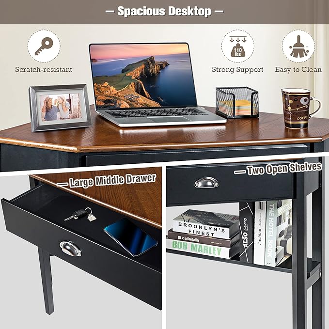 POWERSTONE Corner Desk for Small Space - Triangle Computer Desk with Storage Drawer &amp Shelf for Home Office Workstation Living Room Bedroom - Brown