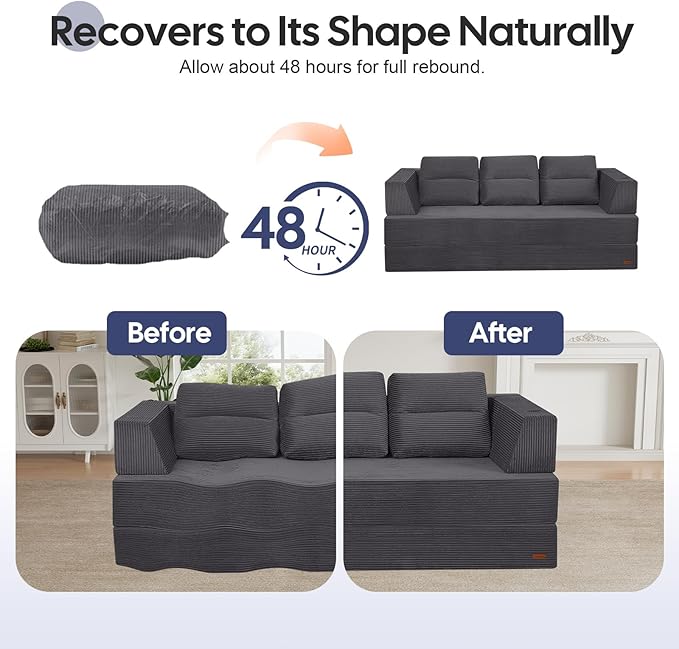 COMAX Futon Sofa Bed Queen 79 Convertible Sofa Bed Couches for Living Room 4 in 1 Folding Boneless Sleeper Corduroy Couch Loveseat Foam in a Box Comfy Foldable Lounge Fold Out Floor Mattress Grey