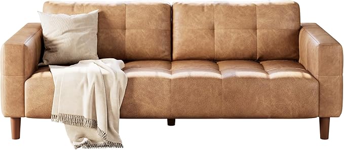 3-Seater Sofa Couch 83 in Wide Faux Leather Sofa Couch with Spring Cushion Modern Sofa with Deep Seats and 2 Removable Back Cushions for Living Room Bedroom Apartment Brown