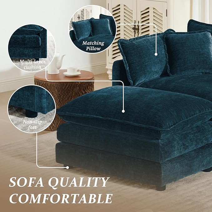 SoarFlash Chenille Sectional Sofa Comfy Modular Loveseat Sofa Modern 3-Seat Couch Deep Seat Sofa Set for Living RoomDeep Blue