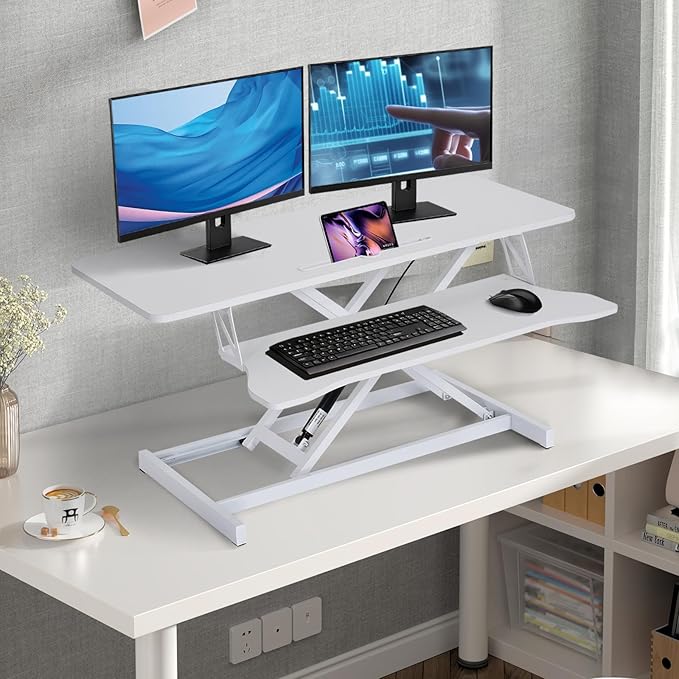 38-Inch Height Adjustable Standing Desk Converter Duals Monitor &amp Laptop Riser with Wide Keyboard Tray Sit to Stand Ergonomic Workstation for Home Office School Business White