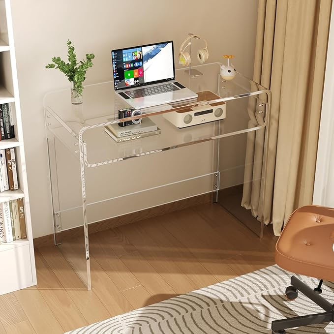 Acrylic Office Desk Modern Laptop Writing Study Table with Open Storage Transparent Console Entryway Table 33.5 L x 15.8 W x 29.5 H for Home Bedroom (Clear)