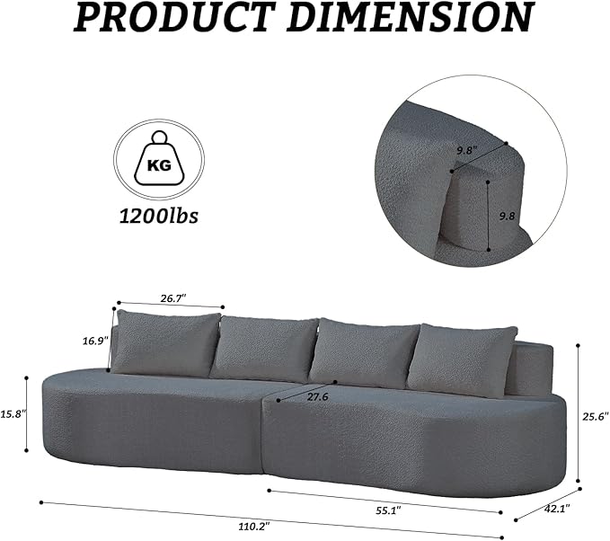 110 Boneless Arc Sectional Sofa 4-Seater-Cloud Couch Compressed in-2-Box Extra Deep Wide Seats for Apartment Living RoomTerry Cloth Fabric No Assembly Carbon Gray