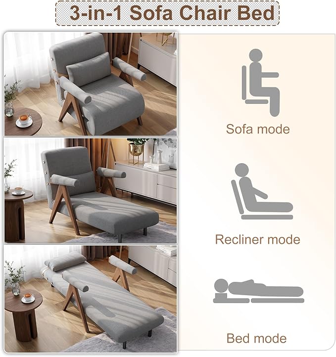 3 in 1 Residential Convertible Sofa Bed Chair|3 in 1 Sleeper Sofa Couch Bed | Adults | Living Room BedroomOffice (31.8Dx25Wx31.8 L) (Gray W25 x D32 x H32)