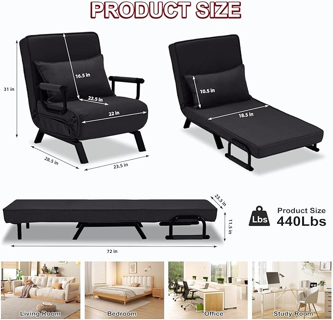 Folding Sofa Bed Sleeper Chair3-in-1 Single Convertible Sofa with Adjustable BackrestLazy Bed Leisure Recliner with PillowTri-fold Upholstered Armchair (Black Standard)