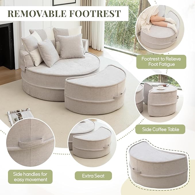 47.63'' Oversized Accent Barrel Chair with Ottoman Modern Round Boneless Idoor Chaise Lounge Chair and A Half Comfy Velvet Compression Large Reading Armchair with 5 Pillows for Living Room Gray