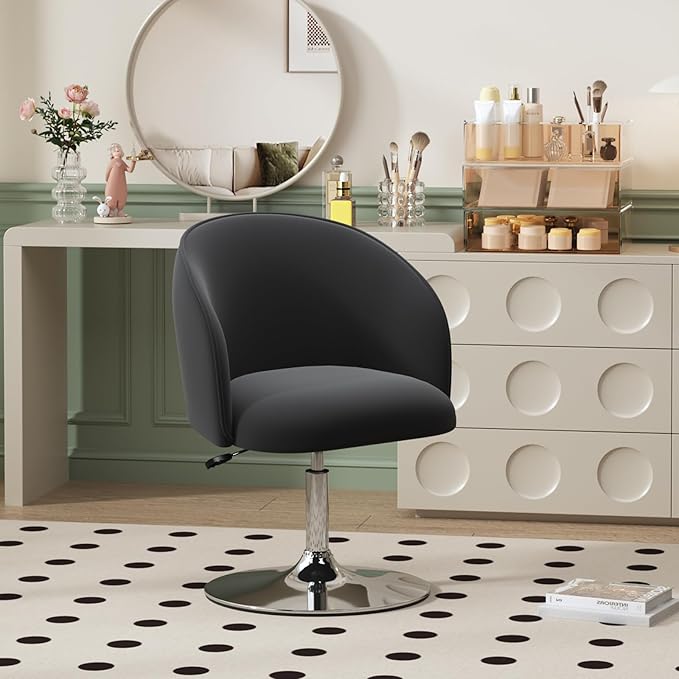 Furniliving Makeup Vanity Chair Flexible Round-Back Accent Chair with Plated Frame Height Adjustable Swivel Chairs for Living Room Charming Chair Lounge Pub Bar (Black)