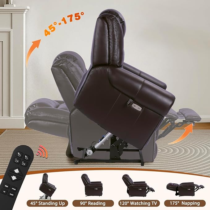 EONIX Classic Dual Motor Power Lift Recliner Chair for Elderly 400lbs Heavy Duty Breathable Faux Leather Recliner with Heat and Massage Lay Flat Lift Chair Recliner for Adults SLRY005 Dark Brown