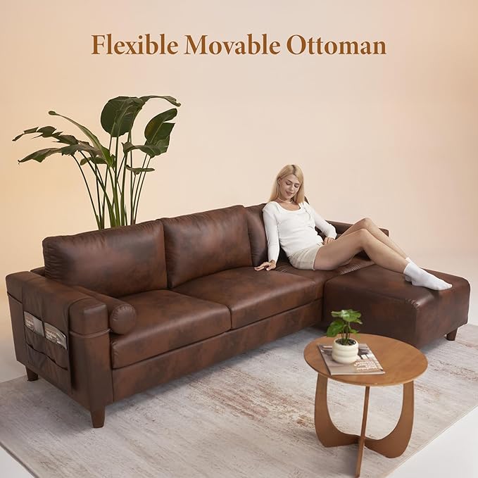 Vesgantti 100 L Shaped Faux Leather Couch with Movable Ottoman 3 Seater PU Leather Sectional Sofa with Side Pocket Mid Century Modern Modular Couch for Living Room Bedroom Chocolate